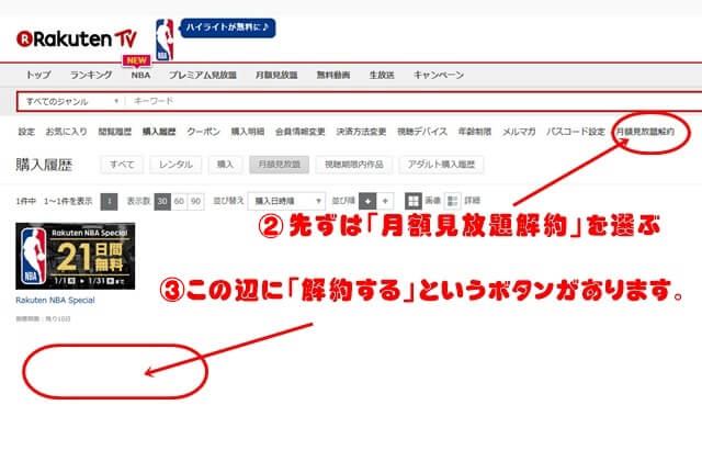 楽天TV「Rakuten NBA Special」の解約方法